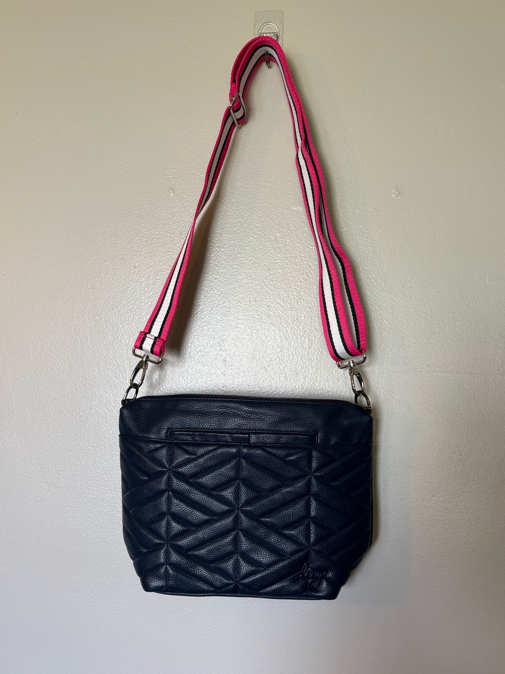 LUG FLARE XL Navy Quilted Crossbody with Pink-Striped Strap